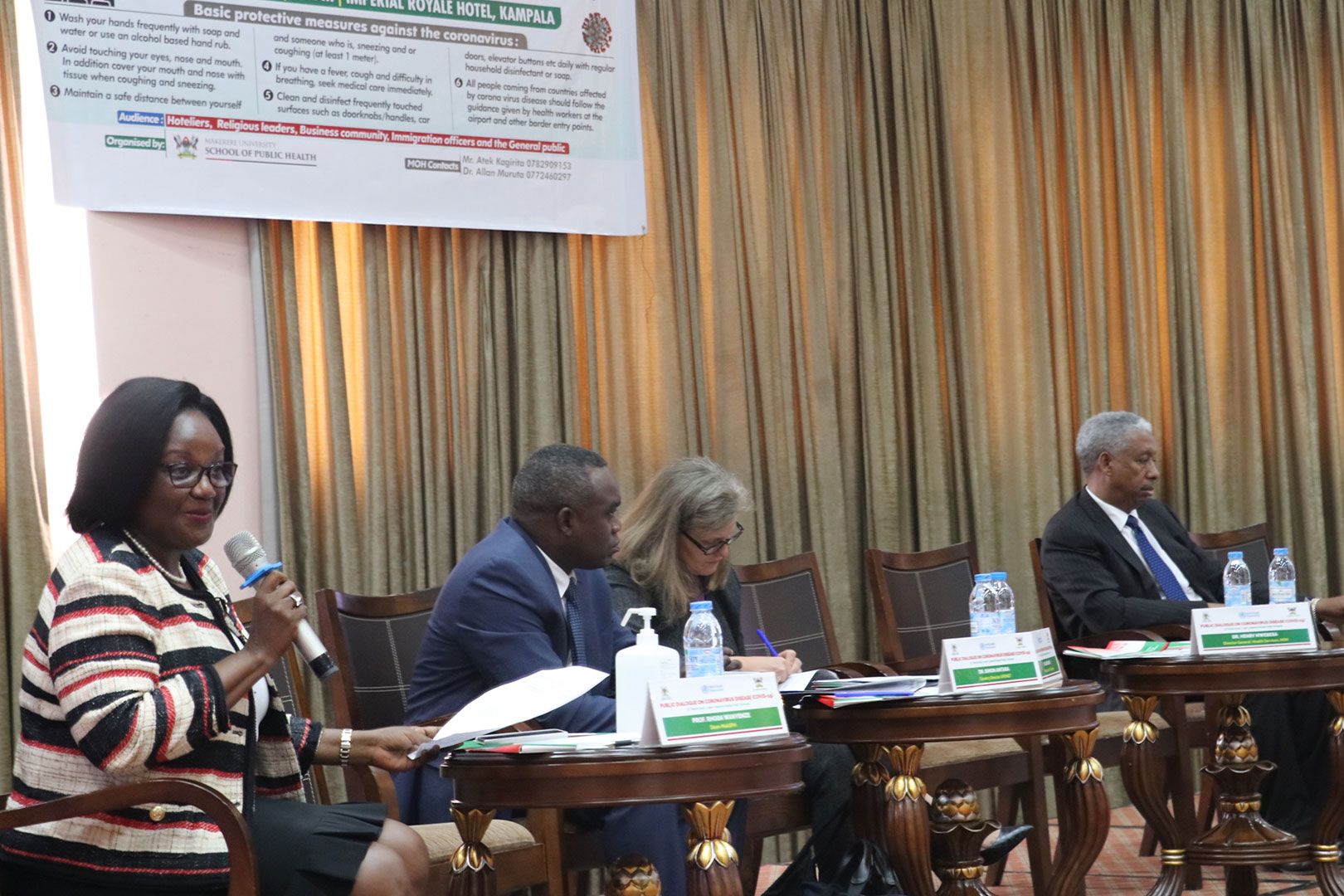 The Dean, MakSPH -Prof,Rhoda Wanyenze , The Director, AFENET-Mr.Simon Antara,  Dr.Lisa Nelson, the US Centres For Disease Control(CDC) Country Director and  Dr. Yonas Tegegn Woldemariam, the World Health Organization-WHO country representative at the Public Dialogue on Friday 13th March, 2020 at the Imperial Royale Hotel